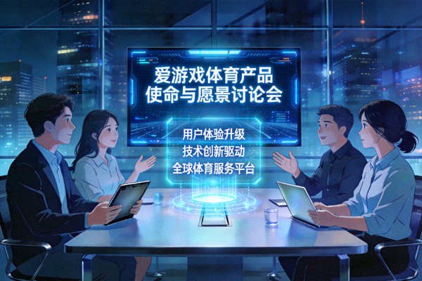爱游戏体育团队讨论产品使命与愿景的会议场景 - 充满科技感的办公环境