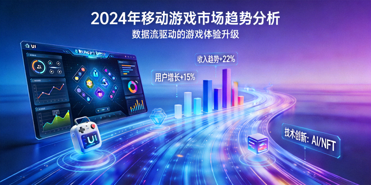 2024年移动游戏市场趋势分析概念图 - 数据流与游戏界面融合展示
