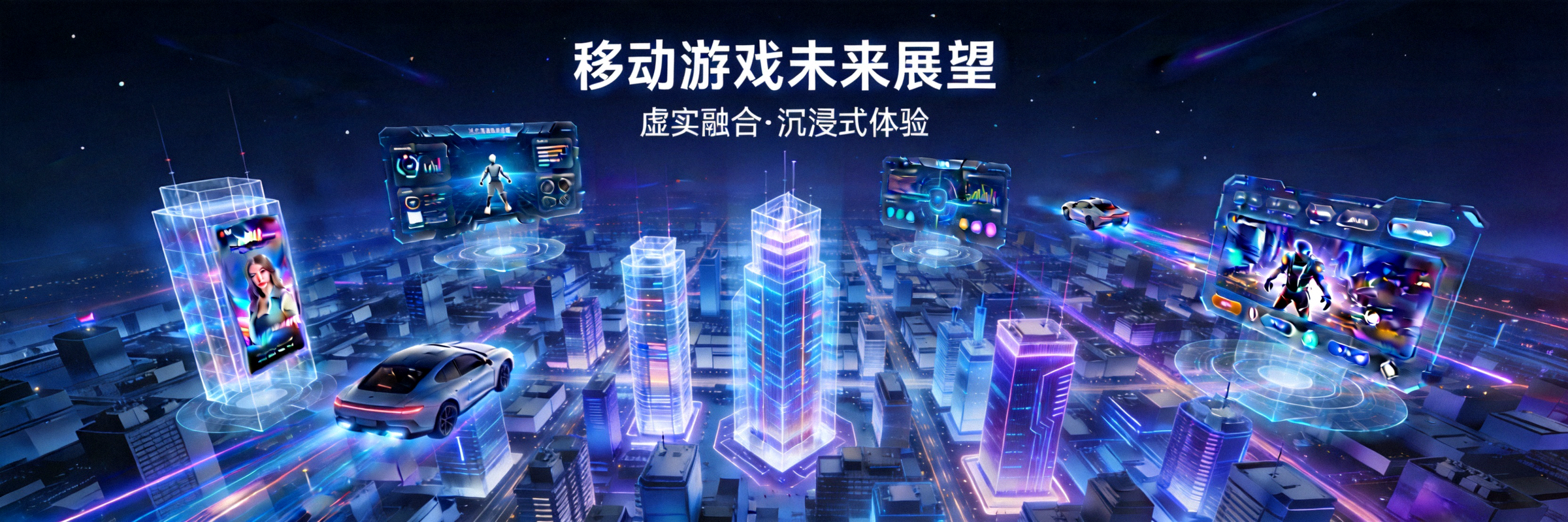 移动游戏未来展望概念图 - 充满科技感的未来城市与游戏界面融合