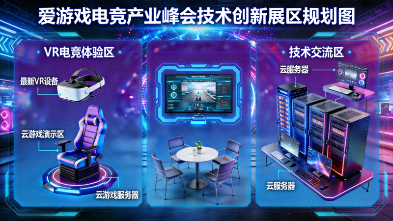 爱游戏电竞产业峰会技术创新展区规划图 - 展示VR电竞、云游戏等最新技术