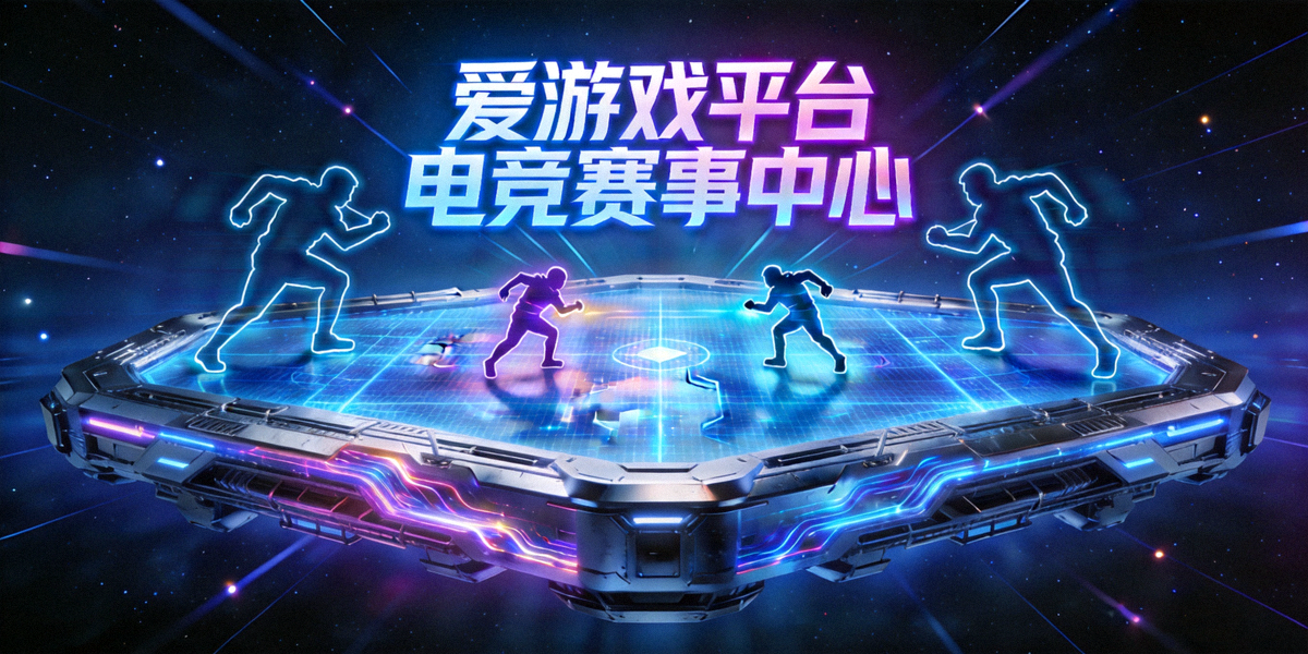 爱游戏平台电竞赛事中心主视觉图 - 未来科技感电竞对战舞台与选手剪影