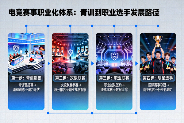 电竞赛事职业化体系图表 - 展示从青训到职业选手的发展路径