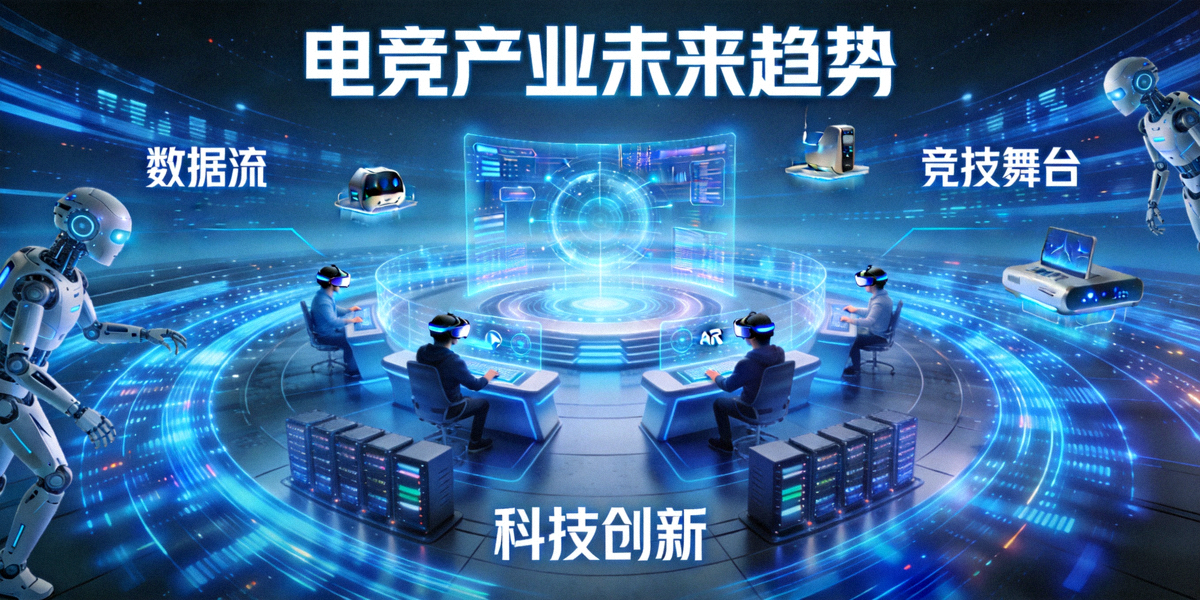 电竞产业未来趋势概念图 - 展示数据流、竞技舞台与科技创新融合的宏大场景