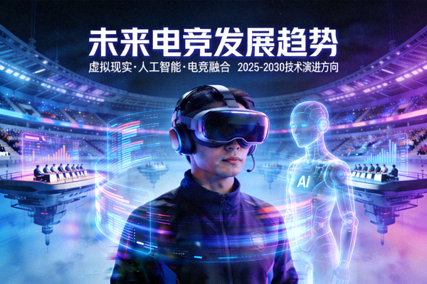 未来电竞发展趋势概念图 - 虚拟现实、人工智能与电竞结合的场景想象