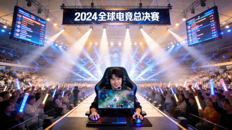 大型国际电子竞技赛事现场盛况 - 观众席座无虚席，选手在舞台上激烈对抗