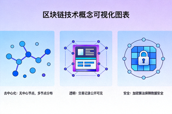 区块链技术概念可视化图表 - 展示去中心化、透明与安全的特性
