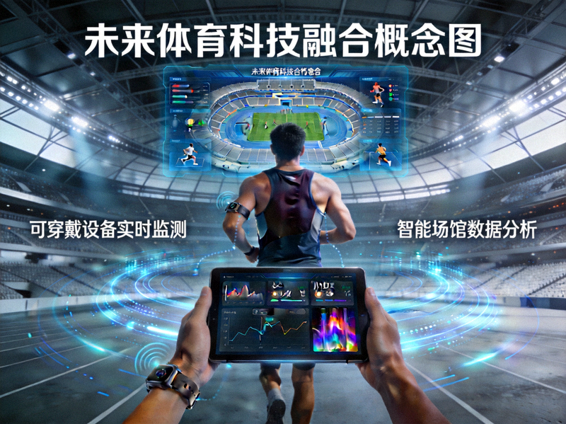 未来感体育科技概念图 - 展示数据分析、可穿戴设备与智能场馆的融合