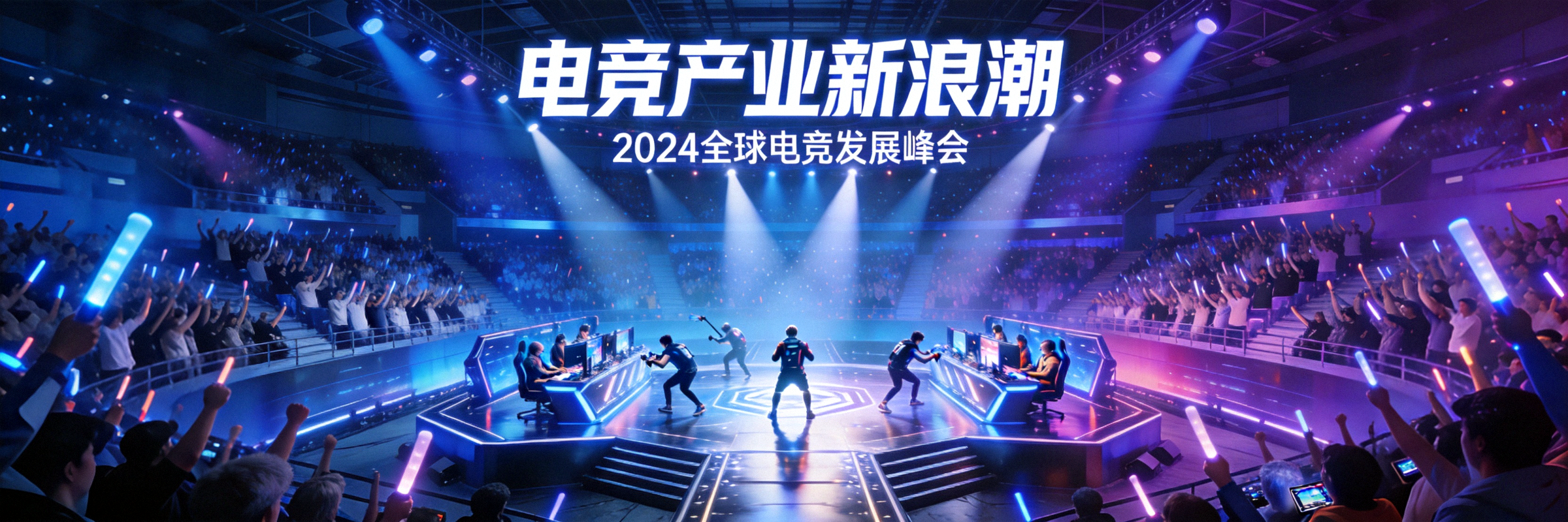 电竞产业新浪潮主题视觉图 - 现代电竞场馆内观众欢呼与选手激烈比赛的宏大场景