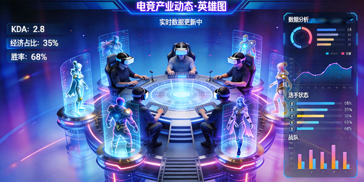 电竞产业动态主题英雄图 - 未来科技感电竞舞台与数据分析可视化界面融合