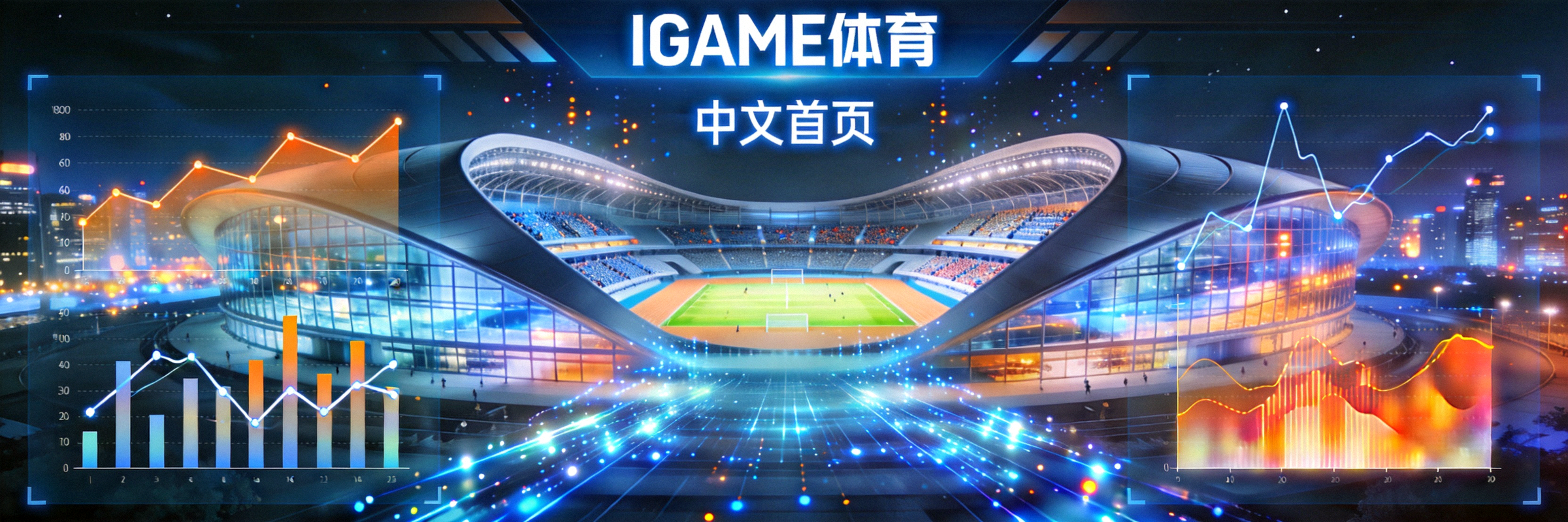 IGAME体育中文首页概念背景图 - 现代体育场馆与数据图表融合的视觉设计