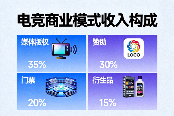 电竞商业模式信息图 - 展示媒体版权、赞助、门票、衍生品等收入构成