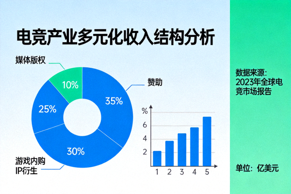 电竞产业多元化收入结构分析图 - 展示媒体版权、赞助、游戏内购与IP衍生等收入来源