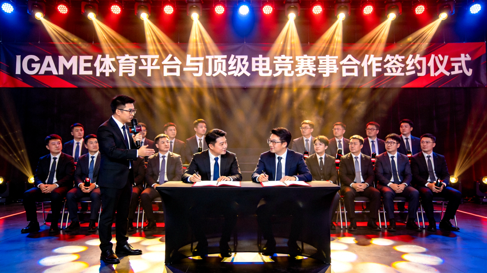 IGAME体育平台与顶级电竞赛事合作签约仪式盛况 - 现场灯光璀璨，嘉宾云集