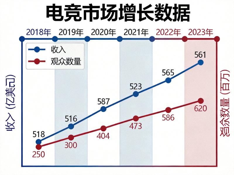 电竞市场增长数据可视化图表展示 - 显示收入与观众数量逐年上升曲线