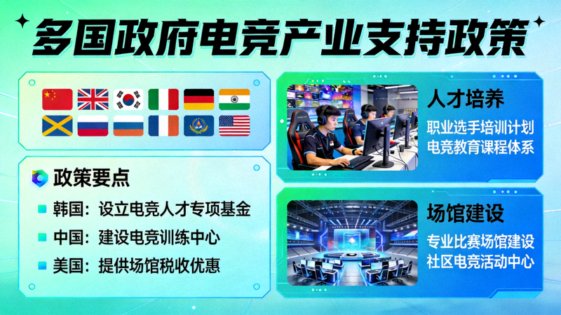 多国政府出台政策支持电竞产业发展，包括人才培养与场馆建设