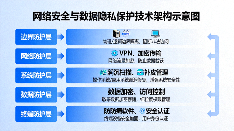 网络安全与数据隐私保护技术架构示意图 - 展示多层防护体系