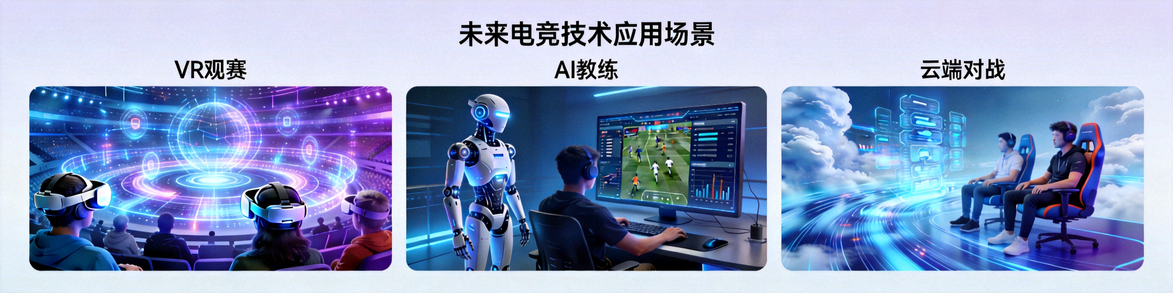 未来电竞技术应用场景概念图 - 展示VR观赛、AI教练、云端对战等先进技术