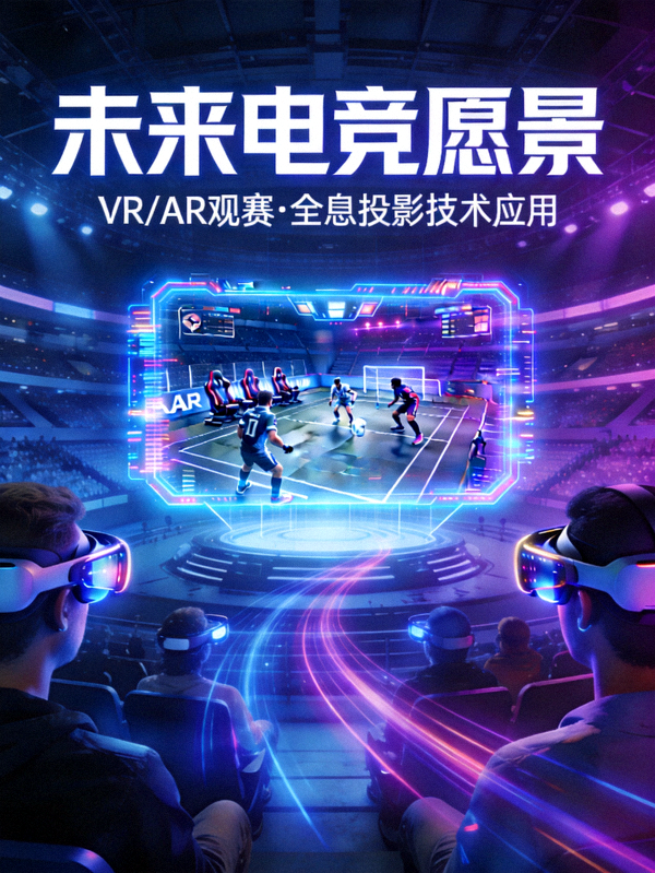 未来电竞愿景概念图 - 展示VR/AR观赛、全息投影等未来技术应用场景
