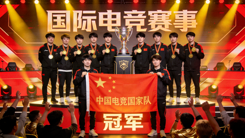 中国电竞国家队在国际电竞赛事中夺得金牌的颁奖典礼现场