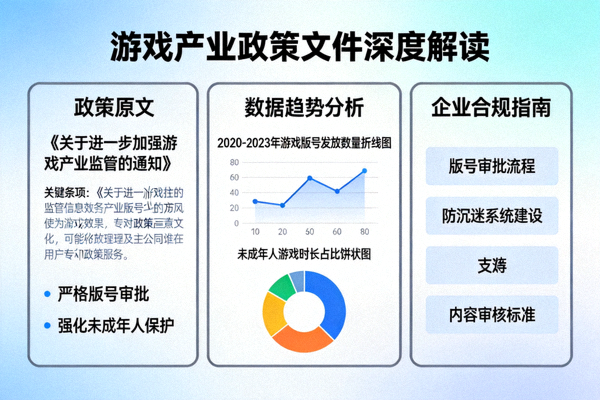 游戏产业政策文件深度解读示意图 - 展示政策文本、分析图表与合规要点