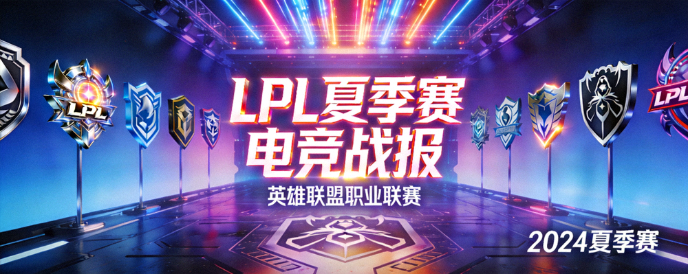 LPL夏季赛电竞战报主视觉图 - 英雄联盟职业联赛舞台灯光与战队标志