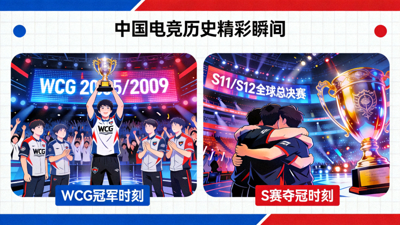 中国电竞历史精彩瞬间拼贴图 - 早年WCG冠军与近年S赛夺冠画面