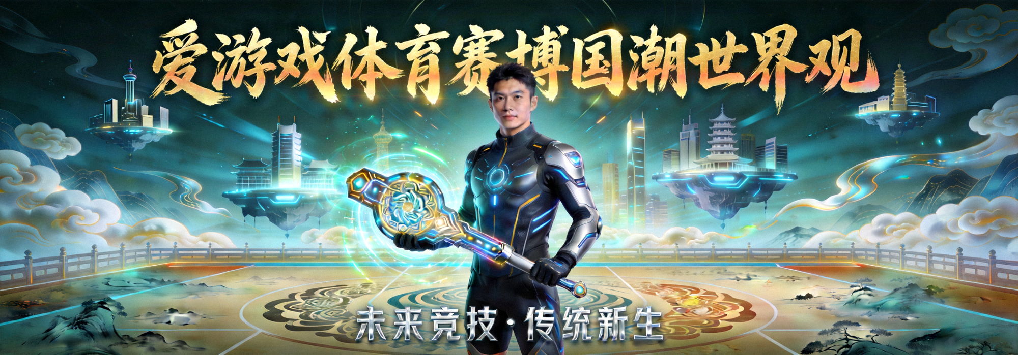 爱游戏体育赛博国潮世界观横幅 - 未来科技与中国传统美学融合的体育竞技场景