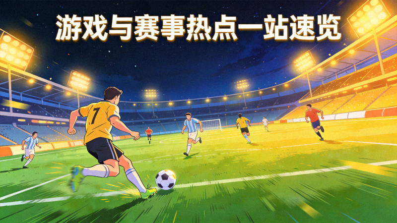 夜晚灯光球场上的足球比赛场景，用于游戏与赛事热点一站速览配图